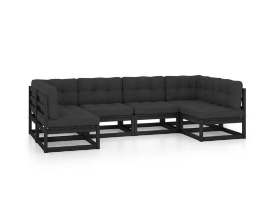 Set mobilier grădină cu perne, 6 piese, negru, lemn masiv pin, 2 image