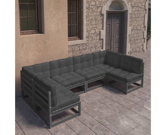 Set mobilier grădină cu perne, 6 piese, negru, lemn masiv pin