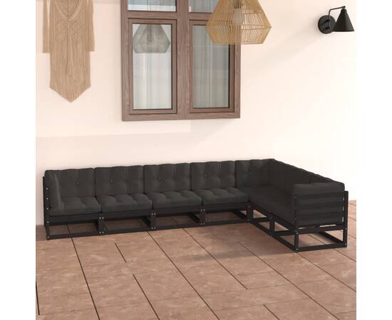 Set mobilier grădină cu perne, 7 piese,negru, lemn masiv pin