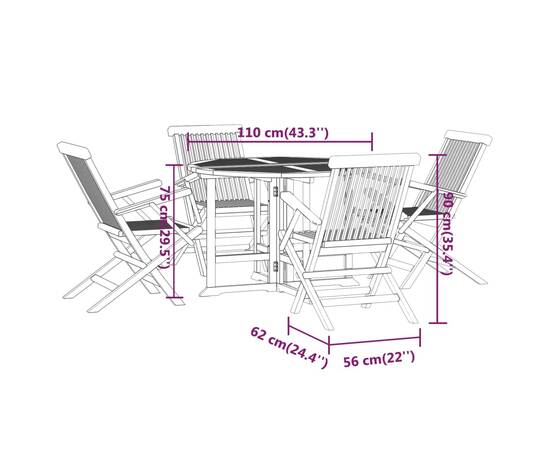 Set de mobilier de exterior pliabil, 5 piese, lemn masiv de tec, 11 image