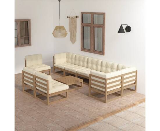 Set mobilier de grădină cu perne, 10 piese, lemn masiv pin