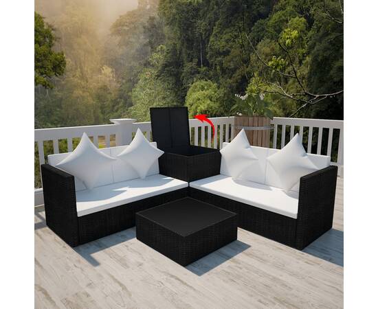 Set mobilier de grădină cu perne, 4 piese, negru, poliratan, 3 image