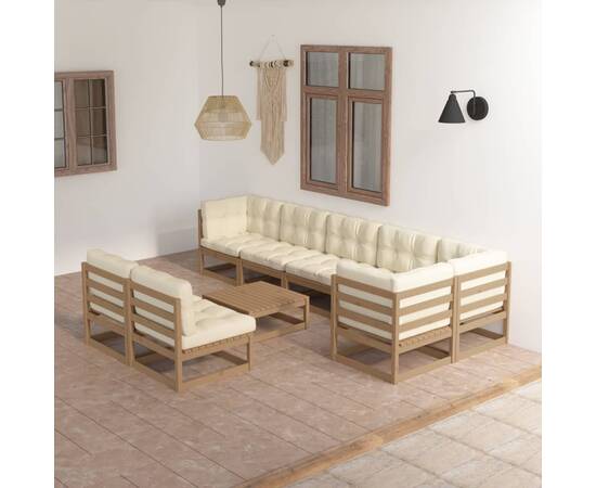 Set mobilier de grădină cu perne, 9 piese, lemn masiv pin