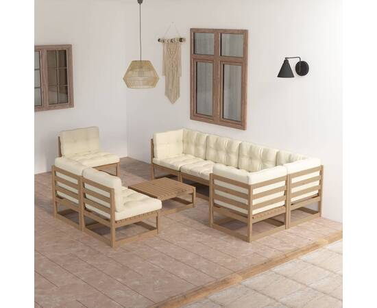 Set mobilier de grădină cu perne, 9 piese, lemn masiv pin