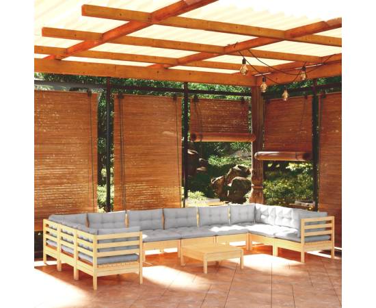 Set mobilier de grădină cu perne, 11 piese, gri, lemn masiv pin