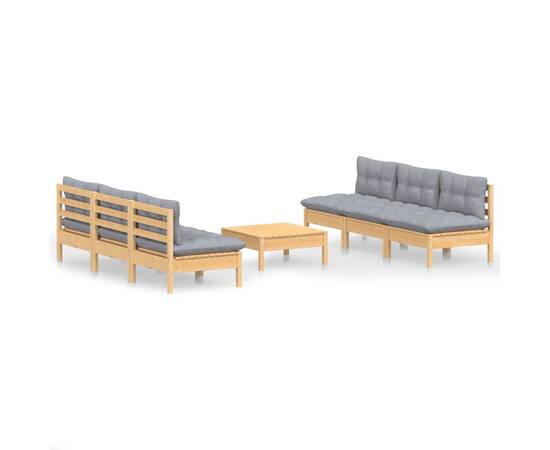 Set mobilier de grădină cu perne, 7 piese, gri, lemn masiv pin, 2 image