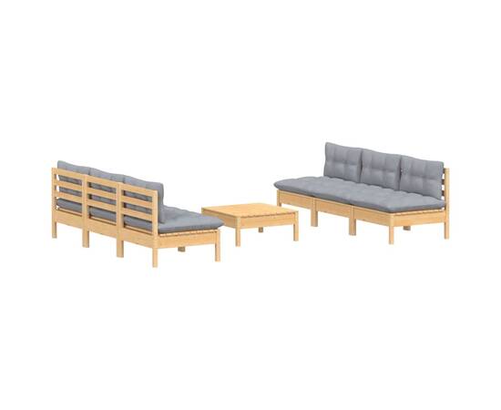 Set mobilier de grădină cu perne, 7 piese, gri, lemn masiv pin, 3 image