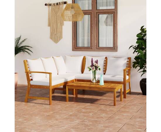 Set mobilier de grădină cu perne crem, 4 piese, lemn de acacia