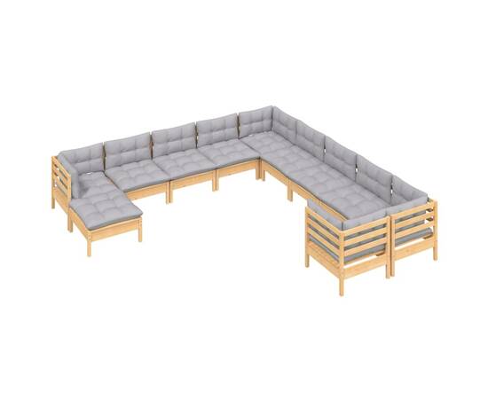 Set mobilier grădină cu perne, 11 piese, gri, lemn de pin, 3 image