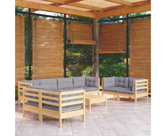 Set mobilier grădină cu perne gri, 9 piese, lemn masiv pin