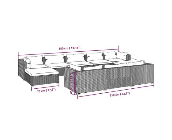 Set mobilier de grădină cu perne, 10 piese, gri, poliratan, 9 image