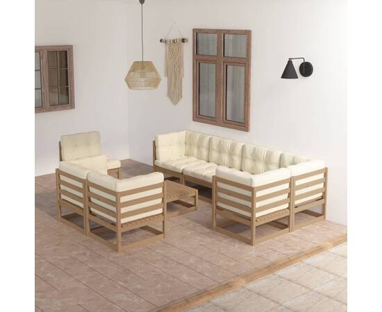 Set mobilier de grădină cu perne, 9 piese, lemn masiv pin