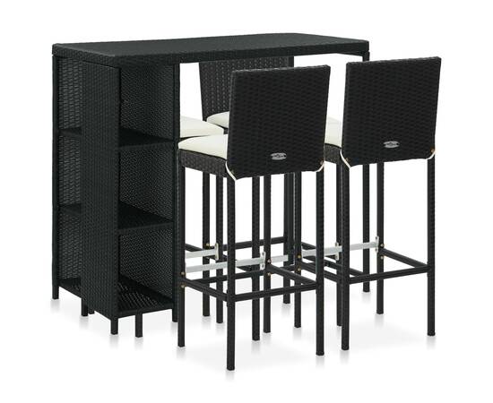 Set mobilier bar de grădină cu perne, 5 piese, negru, poliratan