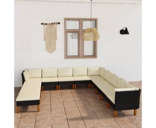 Set mobilier de grădină cu perne, 12 piese, negru, poliratan