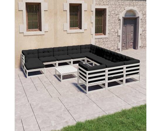 Set mobilier de grădină cu perne, 13 piese, alb, lemn masiv pin