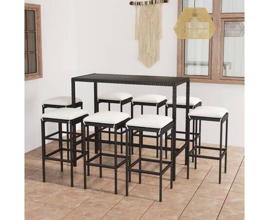 Set mobilier bar de grădină cu perne, 9 piese, negru, poliratan