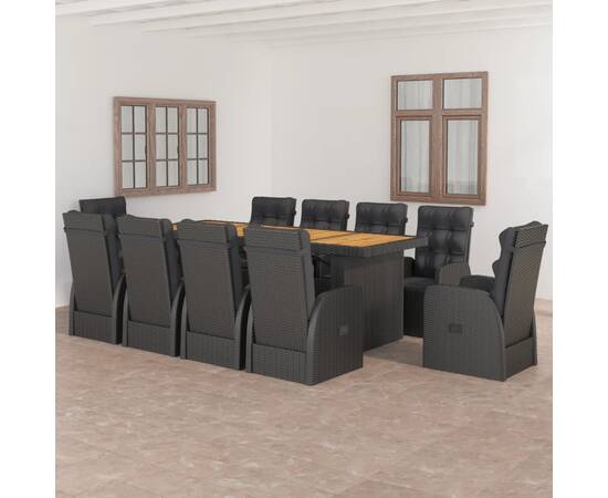 Set mobilier de exterior cu perne, 11 piese, negru, poliratan