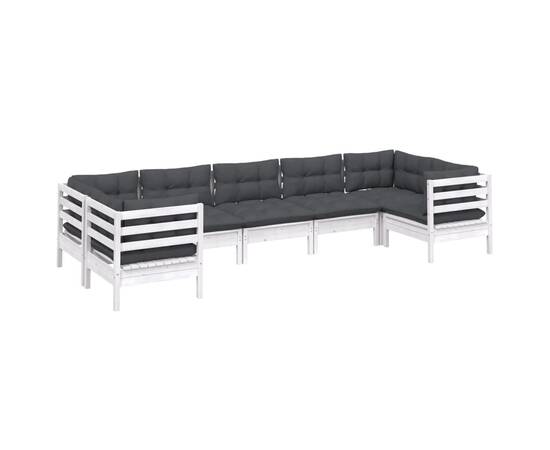 Set mobilier de grădină cu perne, 7 piese, alb, lemn masiv pin, 3 image