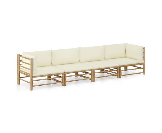 Set mobilier de grădină, 4 piese, perne alb crem, bambus