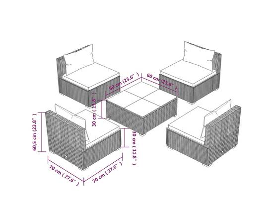 Set mobilier de grădină cu perne, 5 piese, maro, poliratan, 7 image