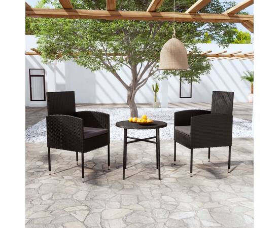 Set mobilier de grădină, 3 piese, negru, poliratan