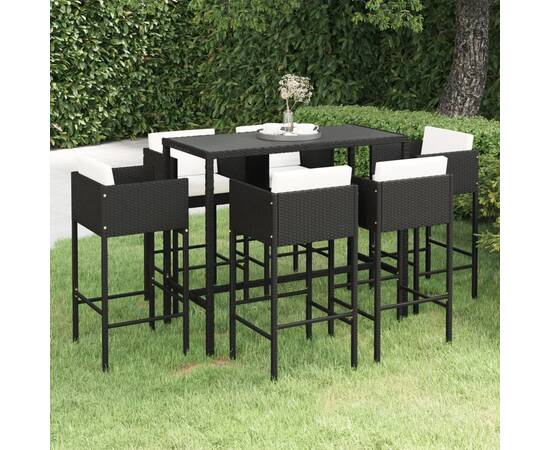 Set mobilier bar de grădină cu perne, 7 piese, negru, poliratan