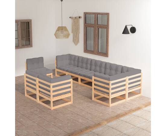 Set mobilier de grădină, 9 piese, cu perne, lemn masiv de pin