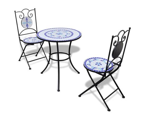 Set mobilier bistro, 3 piese, albastru/alb, plăci ceramice