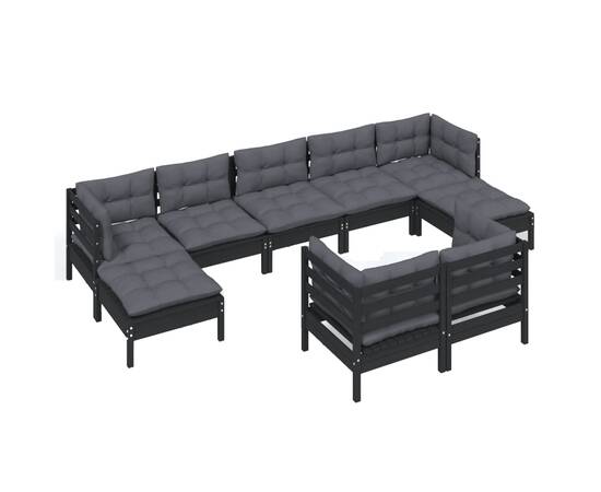 Set mobilier grădină cu perne, 9 piese, negru, lemn masiv pin, 3 image