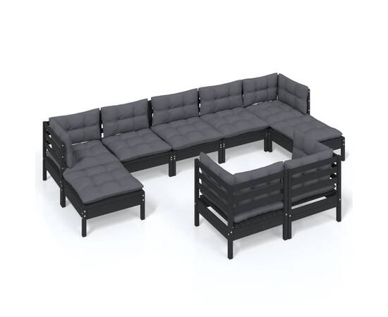 Set mobilier grădină cu perne, 9 piese, negru, lemn masiv pin, 2 image