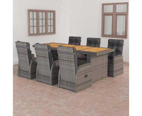 Set mobilier de exterior cu perne, 7 piese, gri, poliratan