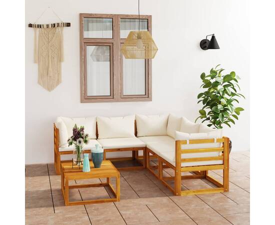 Set mobilier de grădină cu perne crem, 6 piese, lemn de acacia