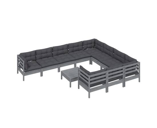 Set mobilier grădină cu perne, 11 piese, gri, lemn de pin, 3 image