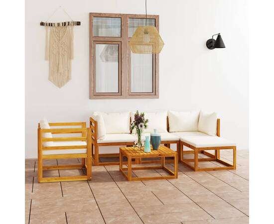 Set mobilier grădină cu perne, 6 piese, crem, lemn masiv acacia