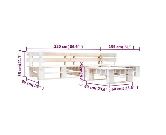 Set mobilier de grădină din paleți, 4 piese, alb, lemn, 3 image