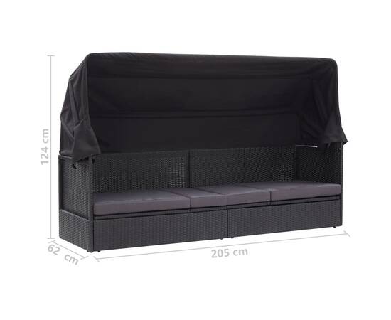 Pat canapea de exterior cu copertină, negru, poliratan, 7 image