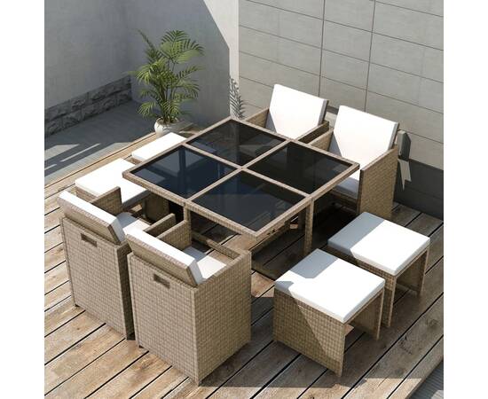 Set mobilier de exterior cu perne, 9 piese, bej, poliratan