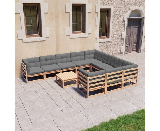 Set mobilier de grădină, 11 piese, cu perne, lemn masiv de pin