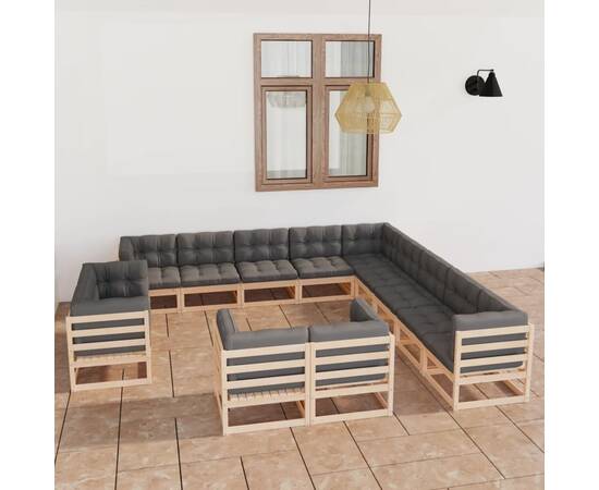 Set mobilier de grădină, 13 piese, cu perne, lemn masiv de pin