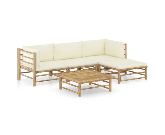 Set mobilier de grădină, 5 piese, perne alb crem, bambus