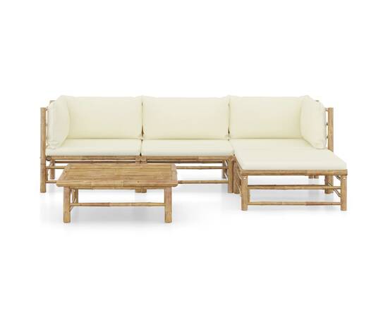 Set mobilier de grădină, 5 piese, perne alb crem, bambus, 2 image
