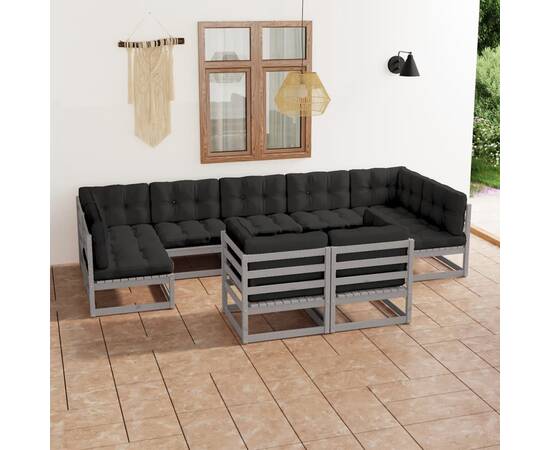 Set mobilier de grădină cu perne, 9 piese,gri,lemn masiv de pin