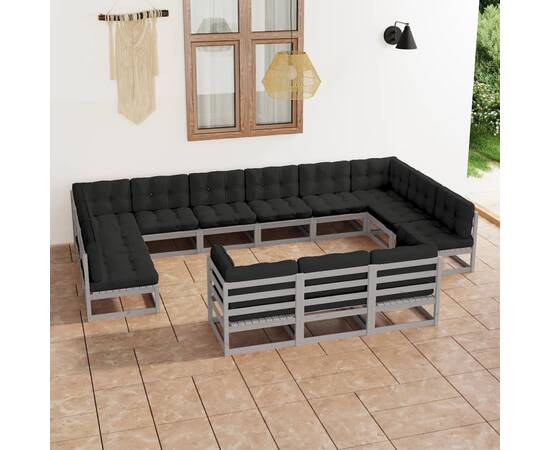 Set mobilier de grădină cu perne,13 piese,gri,lemn masiv de pin