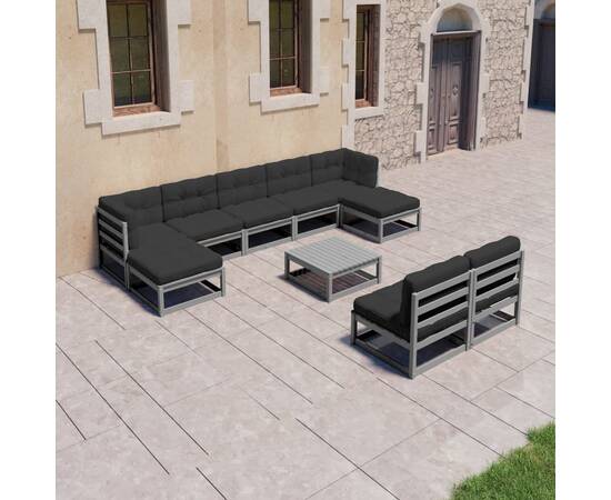 Set mobilier de grădină cu perne, 10 piese, gri, lemn masiv pin