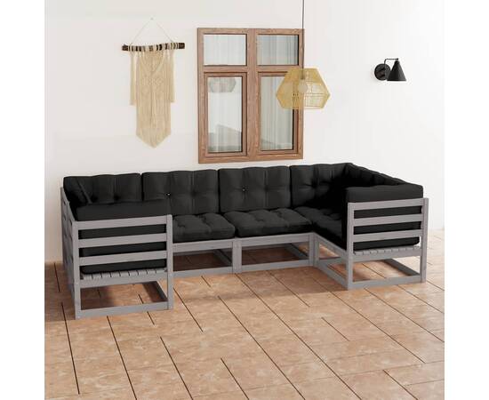 Set mobilier de grădină cu perne, 6 piese, gri, lemn masiv pin