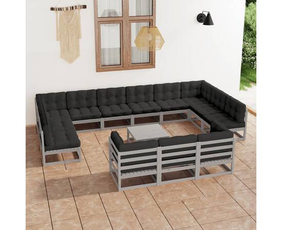 Set mobilier de grădină cu perne,14 piese,gri,lemn masiv de pin