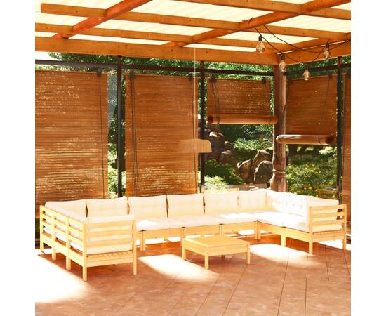 Set mobilier grădină cu perne crem, 11 piese, lemn masiv de pin