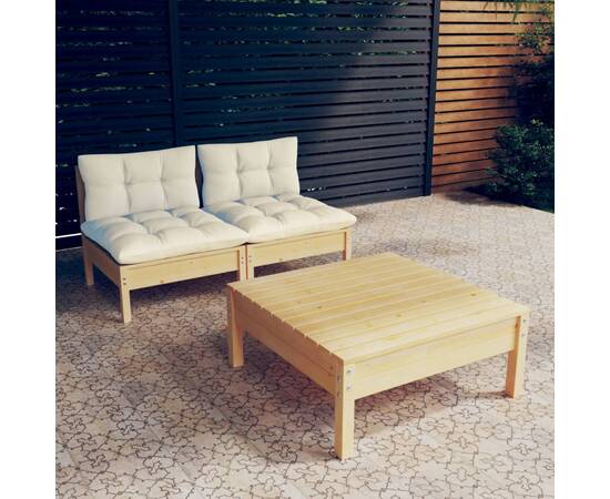 Set mobilier grădină cu perne crem, 3 piese, lemn de pin