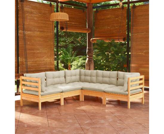 Set mobilier grădină cu perne crem, 5 piese, lemn masiv de pin
