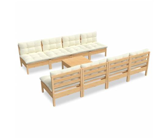 Set mobilier grădină cu perne crem, 9 piese, lemn masiv de pin, 2 image